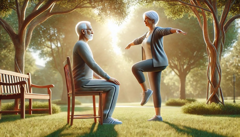 Senior man using a chair for support while woman does a one-leg balance exercise in a quiet green park.