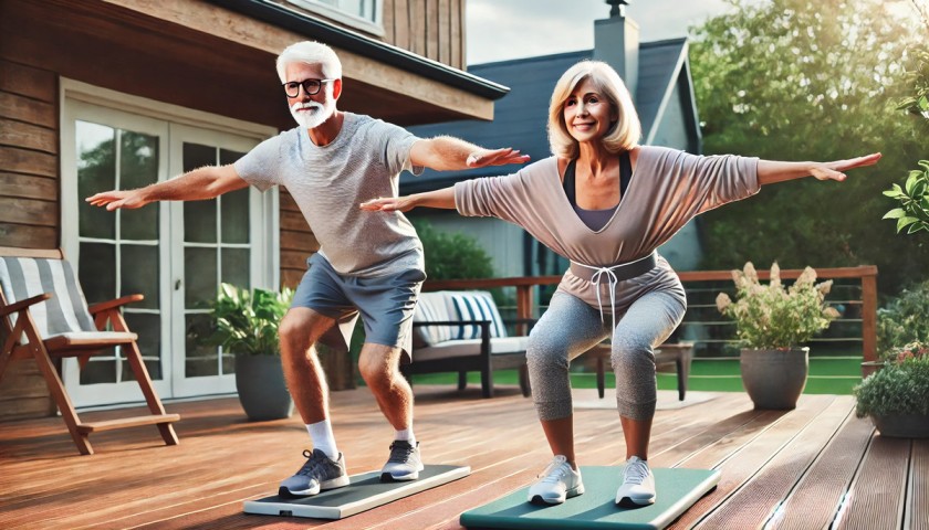 Older man and woman practicing daily balance exercises outdoors with supportive and peaceful surroundings.