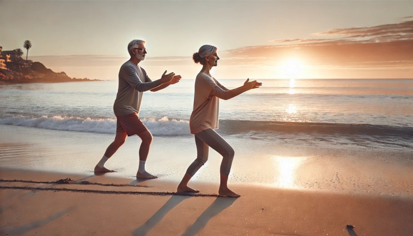 Senior man and woman exercising on a beach at sunrise, with the man in a yoga pose and the woman walking heel-to-toe.