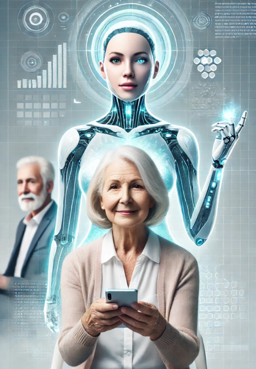 Older man and woman smiling while using SenMate AI friend app on a smartphone